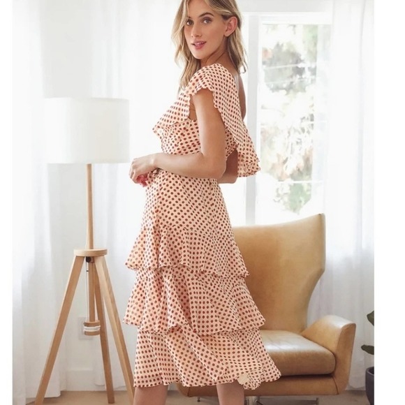 NWT Lulus Doting Dots Cream Polka Dot Tiered One Shoulder Ruffle Midi Dress XS - Picture 15 of 15